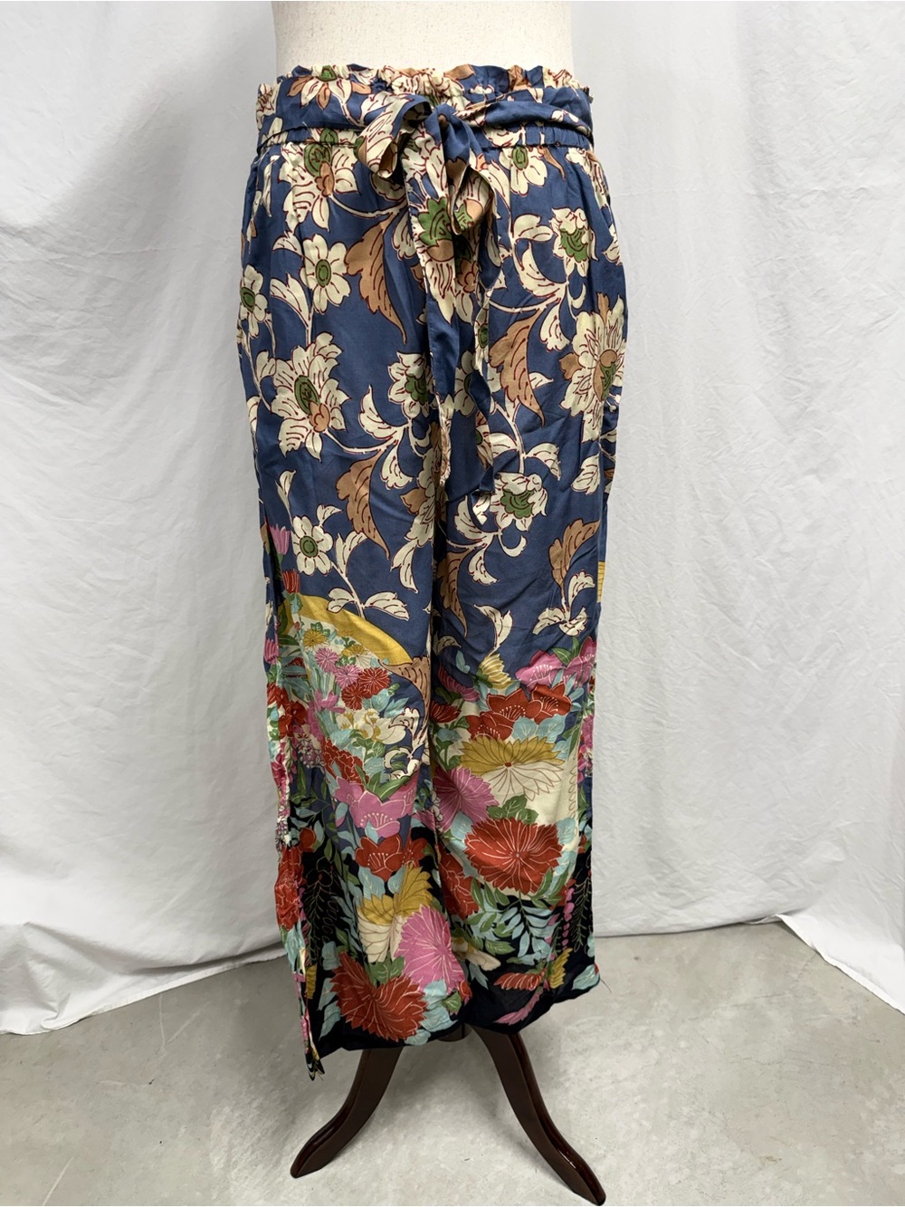 Anthropologie Floral Tie-Waist Wide Leg Pants - Navy Multi Cotton Silk Blend